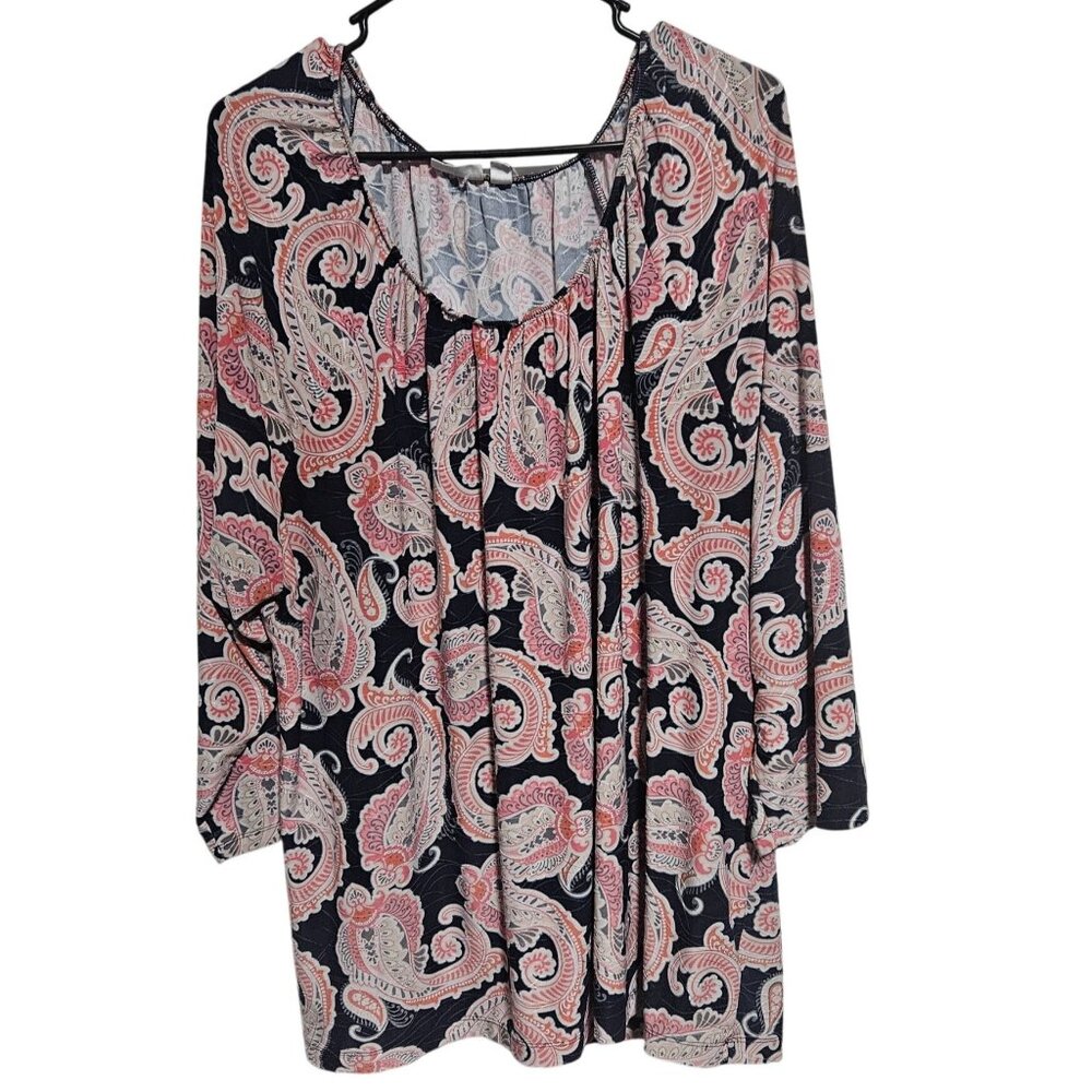 Croft & Barrow Paisley Print Blouse Womens Size 3X Retro Pink Top Long Sleeve